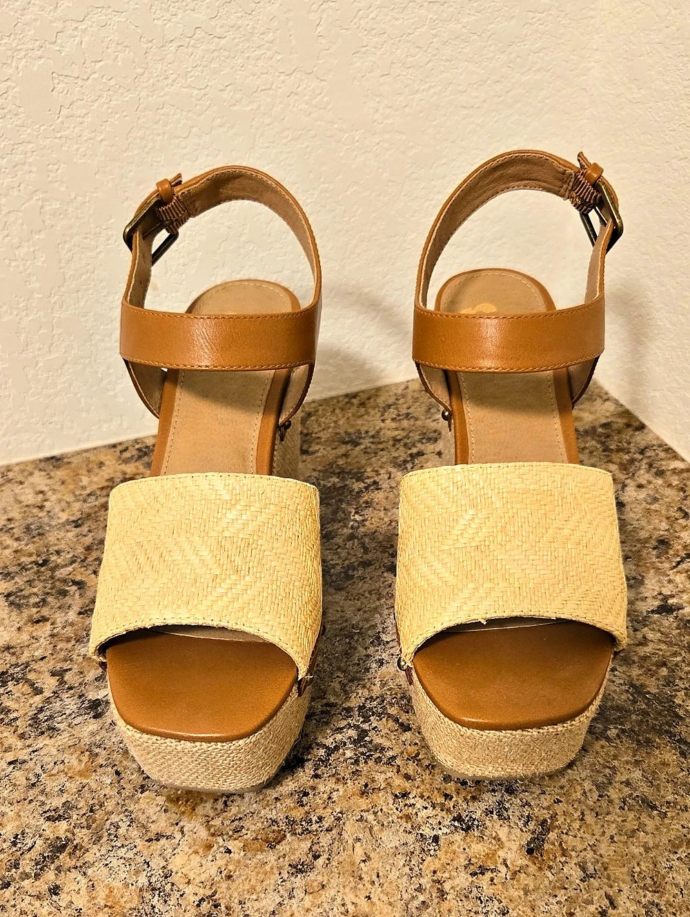 Woven Platform Wedge Sandals in Brown & Beige